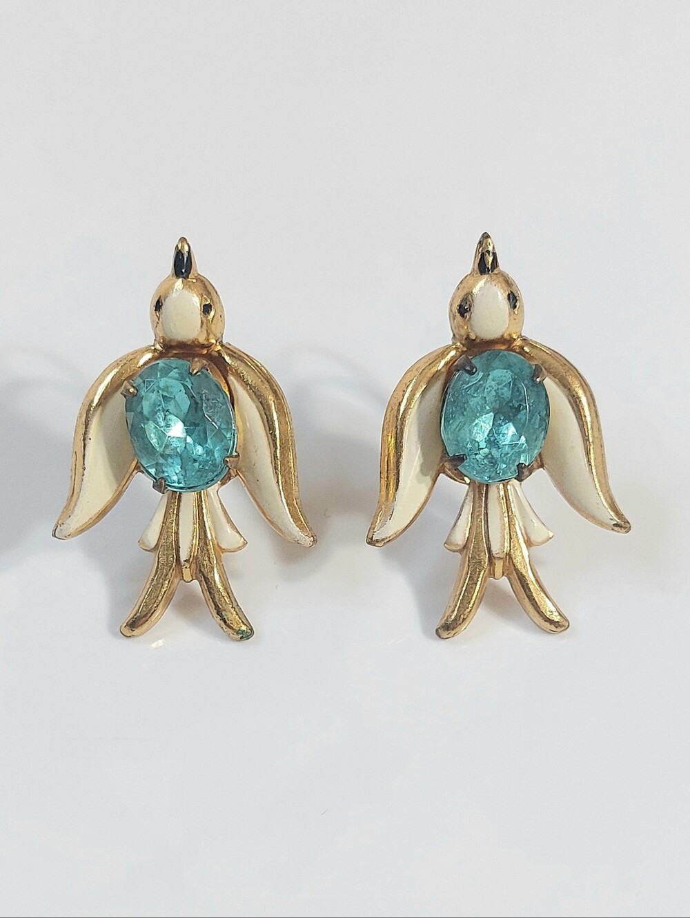 Vintage Coro 40s Screw Back Earrings Rhinestone Belly Sparrow Birds  - women's
